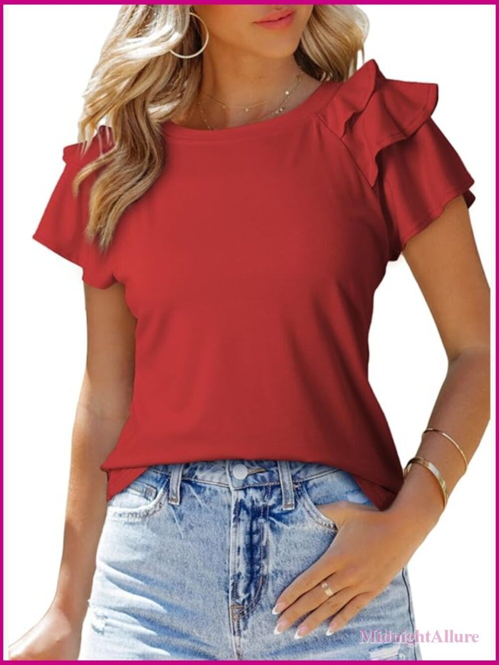 Ruffle Short Sleeve T-Shirt Slim Fit Lightweight Stretchy Crewneck